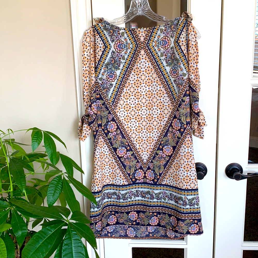 Bebop boho split sleeve colorful patterned dress, Medium